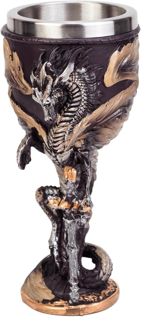 Medieval Flame Dragon Holding Sword Goblet Resin Wine Cup with Stainless Steel Lining Unique Hand-Painted Cup Father's Day Gift (BM030-6)