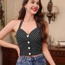 Vintage Tops for Women 1950s Polka Dot 50s Pin up Rockabilly Top Halter V Neck Pinup Retro Tops 50's Vintage Blouses Tank Top (Black, S)