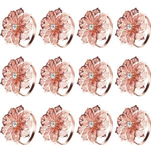 KPOSIYA Flower Napkin Rings Holder Metal Rose Gold Napkin Rings Set of 12 for Wedding Party Holiday Banquet Christmas Dinner Delicate Serviette Buckles Decor Favor (12, Rose Gold)