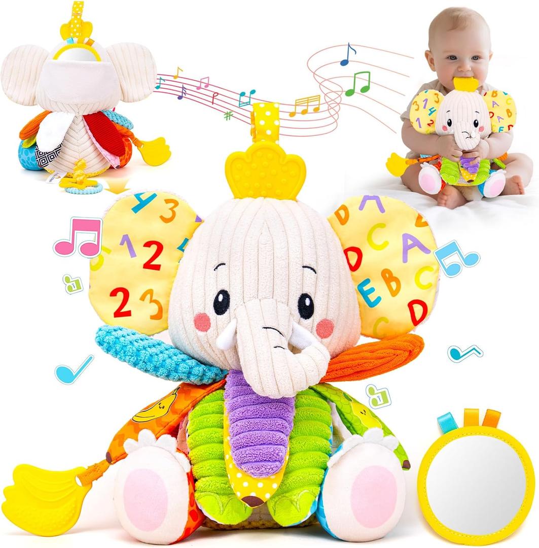 Baby Toys 3-6 Months, Musical Stuffed Elephant Toddler Toy for Newborn Infant 3 6 9 12 Months, Tummy Time Toys Montessori Sensory Toys 0-6 6-12 Months, Crinkle Paper, Mirror Soothing Music Shower Gift (Beige)