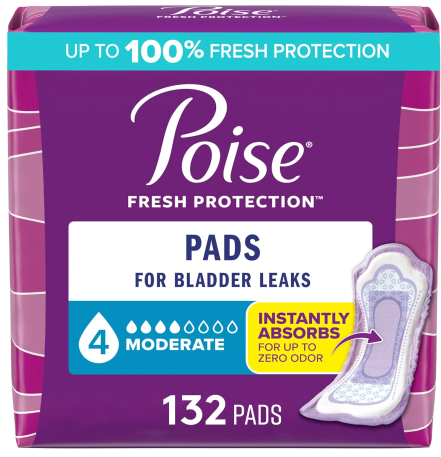 Poise Incontinence & Postpartum Pads for Bladder Leaks, 4 Drop Moderate Absorbency, Regular Length, 132 Count