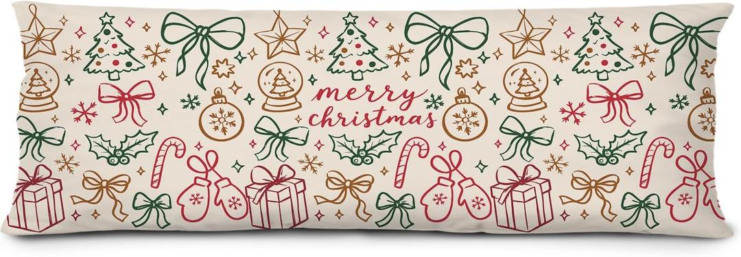 KEUSPI Coquette Red and Green Christmas Body Pillow Cover 20x54, Preppy Christmas Decor, Festive Xmas Winter Holiday New Year Decorative Long Hug Pillow Covers for Couch Bed (Colorful Christmas Graffiti)