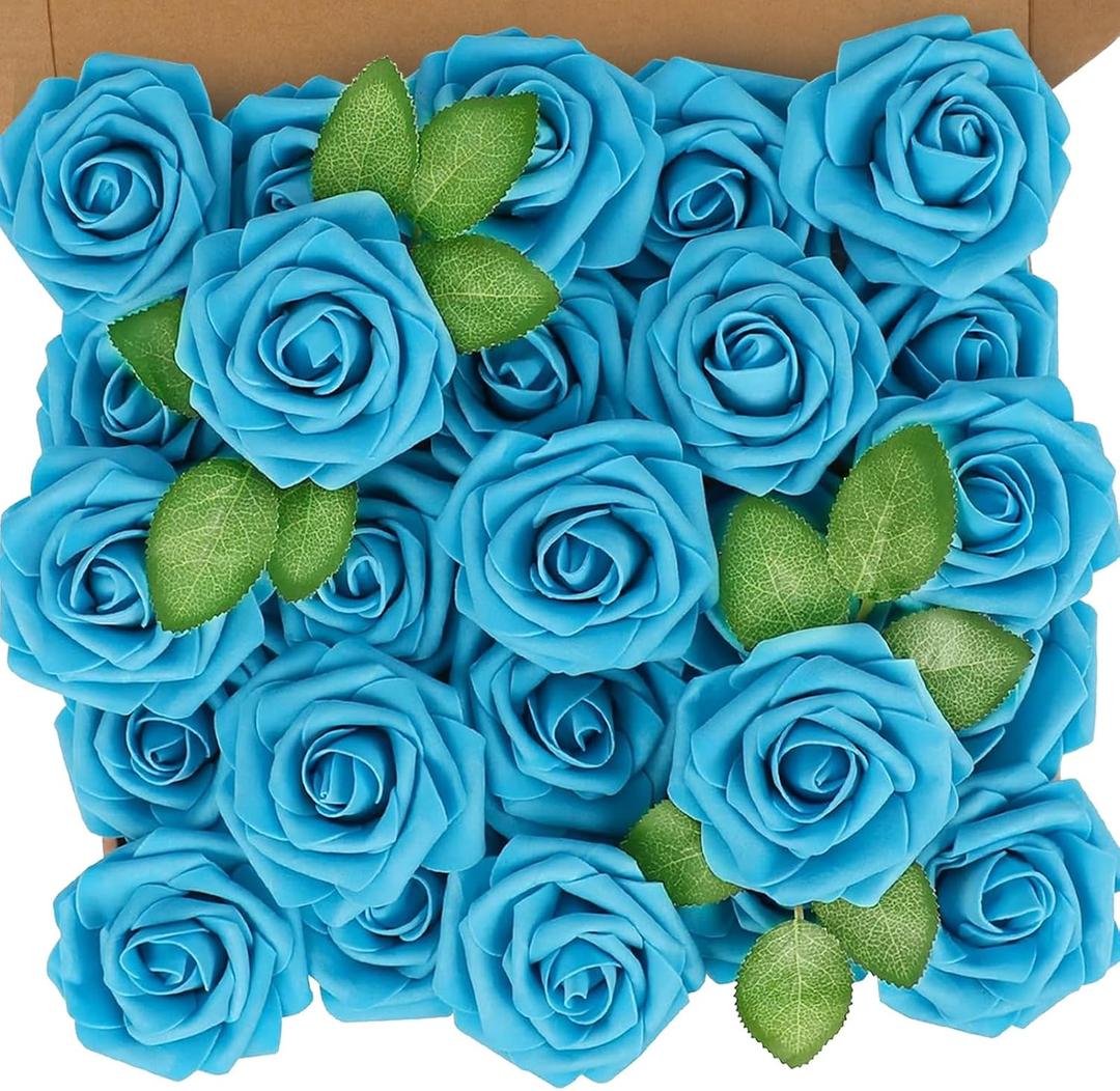 N&T NIETING Artificial Flowers,25pcs Real Touch Fake Flower Roses with Stem Perfect for DIY Wedding Bouquets Centerpieces Bridal Baby Shower Party Home Flower Arrangement Decoration,Blue
