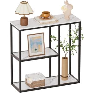 WOHOMO Console Table, 12 Inch Narrow Entryway Table for Living Room, 31.5 Inch Modern Industrial Sofa Table with 3-Tier Storage Shelves for Corridor, Hallway, White Marble