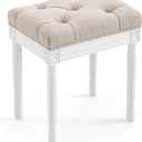 LUE BONA Upholstered Fabric Vanity Bench Seat, Makeup Stools for Vanity, Square Tufted Ottoman Bench with Carved White Legs for Bedroom Living Room, Linen Color