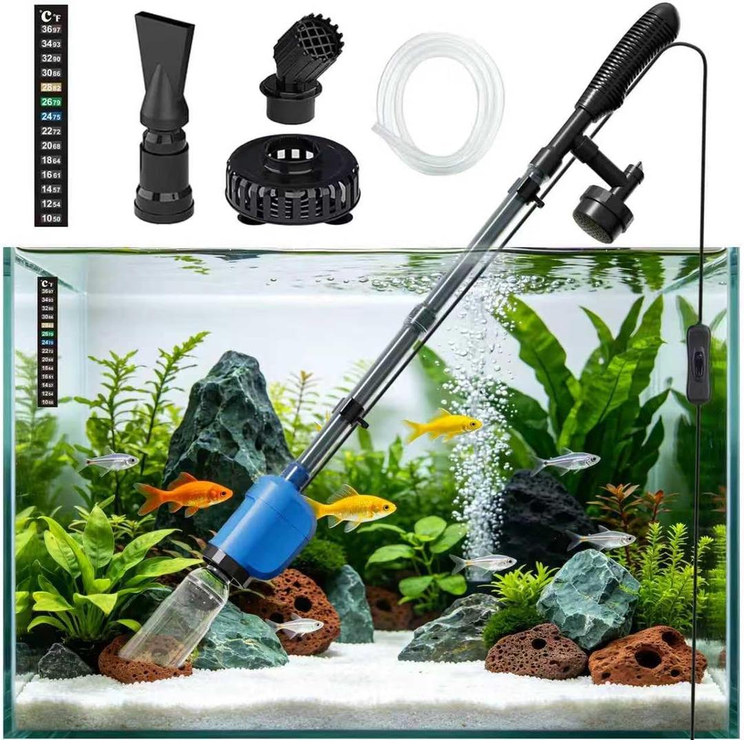 FOUSIUTIM 6in1 Electric Aquarium Gravel Cleaner – 530GPH Powerful Fish Tank Vacuum with Water Changer, Sand Washer & Debris Remover, Quiet 32W Pump with Telescopic Pole for Freshwater (Blue)