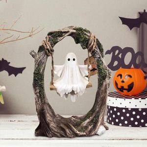 Ghost on a Tree Swing, Cute Swinging Ghost Halloween Figurine Indoor Decoration, Funny Ghost Tree Swing Decor,for Desktop Bookshelf Garden Patio Lawn Halloween Decor (Type A)