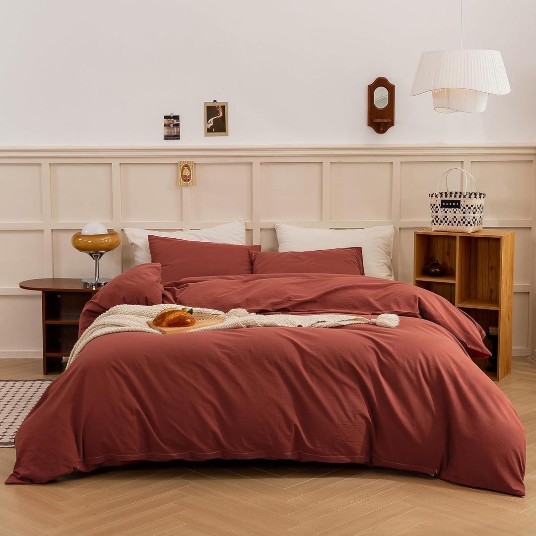 ECOCOTT Duvet Cover King Size - Linen Feel Textured Organic Natural 100% Washed Cotton, Soft Breathable 3 Pieces Bedding Set with Zipper Closure, Burnt Brick Red (King (104"x90"), Burnt Brick Red (No Comforter))