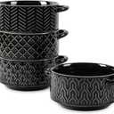 Sureasy Soup Bowls with Handles, Ceramic French Onion Soup Bowls 20 oz, Oven Safe Soup Crocks for Beef Stew, Chili, Cereal, Pot Pies, Embossed Serving Bowls Set of 4, Gift, Black