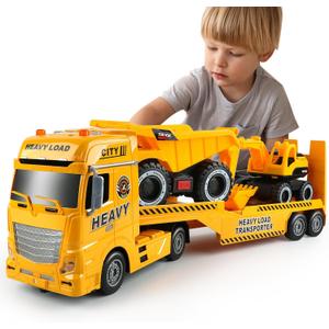 Dwi Dowellin Construction Carrier Truck Kids Toys,25.6" Semi-Trailer Toy with Excavator and Dump Truck,Gifts for Age 3 4 5 6+ Years Old Boys Girls