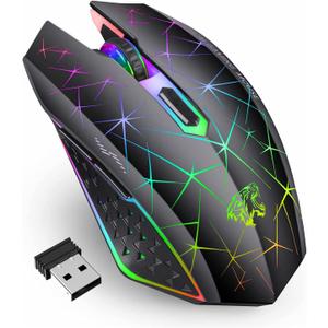 TENMOS V7 Wireless Gaming Mouse, Rechargeable LED Wireless Mouse Silent Optical Rainbow USB Computer Mice for Laptop PC (Black)