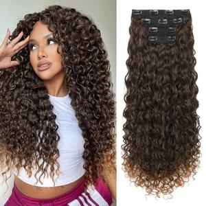 LONAI 4PC Clip in Hair Extensions, 100 Pure Protein Silk Curly Hair Extension for Women, 26 Inch Long Soft Natural Hair Extensions-Dark Almond brown with copper