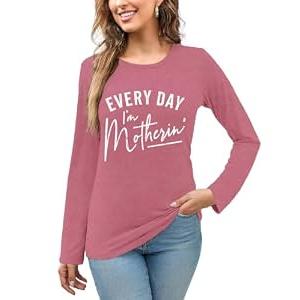 NEWKA Mama Shirt for Women Mothers Day Long Sleeve Shirts Every Day I'm Motherin Tee Tops Pink, Size XL