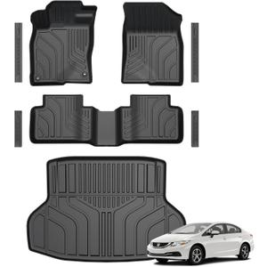 Floor Mats for Honda Civic Sedan 2012-2015, All Weather Floor Mats Trunk Cargo Liner and Door Sill Guards Accessories, Full Coverage Set (Not fit Coupe or Hybrid Models)