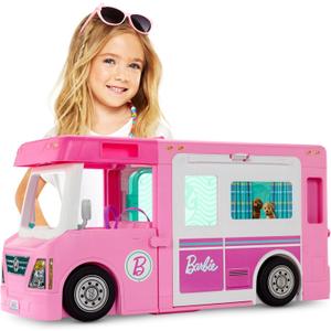 Barbie Camper Playset, 3-in-1 DreamCamper with Pool & 50 Accessories, Transforms into Doll-Sized Truck, Boat & House 
