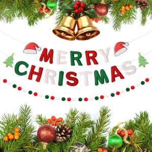 3PCS Pre-Strung 3D Felt Merry Christmas Banner - Red Green White Reusable Merry Christmas Decorative Sign, Red Green White Felt Ball Garland, Pom Pom Wreath, Personalized Holiday Sign, Photo Prop
