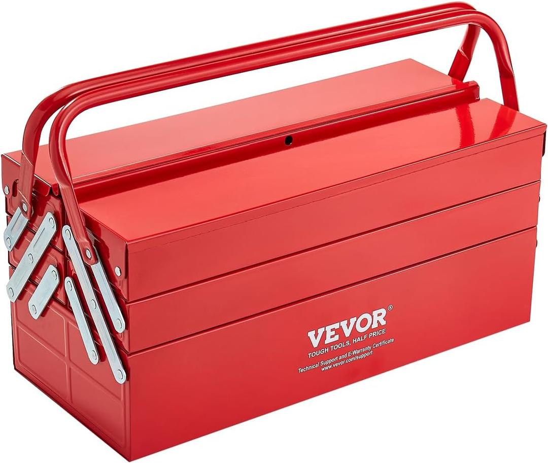 VEVOR Metal Tool Box, 18-inch, 3-Tier 5-Tray Portable Folding Tool Chest Organizer with Handle & Lock Hole, Powder Coated Steel, Cantilever Toolbox for Household Factory Warehouse Repair Shop, Red