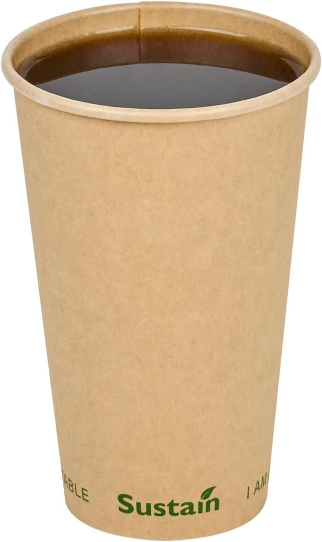Restaurantware-Sustain 16 Ounce BPI-Certified Hot Cups, 50 Single Wall Coffee Cups - Lids Sold Separately, Leakproof PLA Coating, Compostable Kraft Paper Cups, For Hot Or Cold Drinks