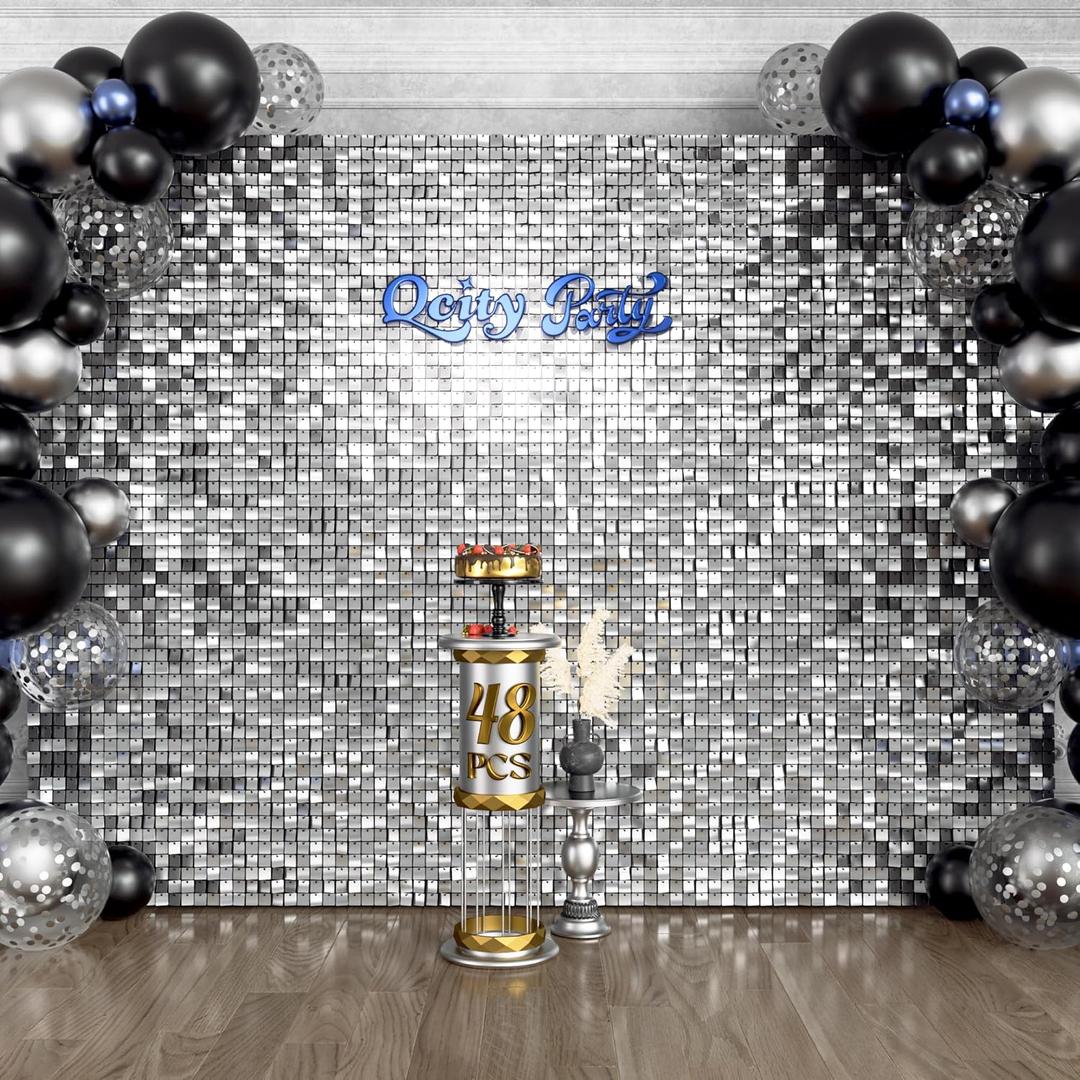 Qcity Silver Shimmer Wall Backdrop 48PCS, Black Back Not See-Through Design, Square Sequin Glitter Backdrop Panel, Perfect for Outdoor Events, Birthdays, Wedding and Party Decoration