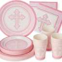 Royal Bluebonnet Pink Baptism Plates and Napkins - Set of 24 First Holy Communion Party Supplies, Baptism Decorations for Girls, Easter Paper Plates and Napkins, Religious Confirmation Decorations