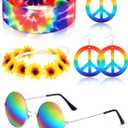 Frienda 5 Pcs Hippie Costume Set Glasses Headband Peace Sign Earrings Necklaces Tie Dye Bandana Hippie Accessory for 60s 70s