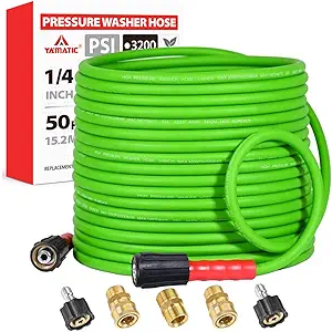YAMATIC Super Flexible Pressure Washer Hose 50FT for Power Washer Replacement, Kink Resistant Extension With Leak-Free M22 Female & 3/8" Quick Connect Adapters, 1/4" 3200 PSI, Green