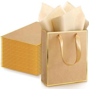 Yeaqee 24 Pack Metallic Paper Gift Bags with Handle and Tissue 9x7x3.1 Welcome Gift Thank You Bags for Wedding Father's Day Bridal Shower Groomsmen Birthday Party(Kraft, Gold)