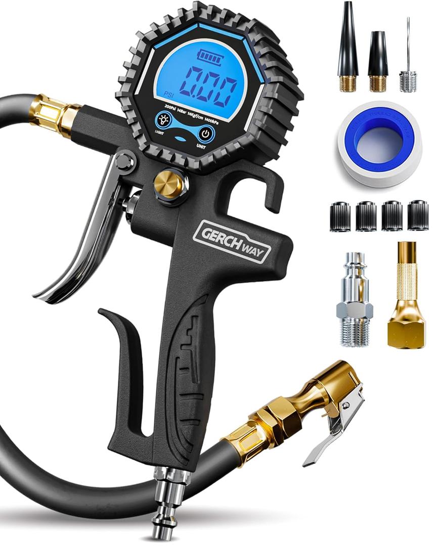 Digital Tire Pressure Gauge with Inflator -200 PSI, Heavy Duty Air Chuck & Compressor Attachments for Car, Truck & SUV
