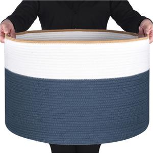MINTWOOD Design Extra Large 22 x 14 Inches Decorative Woven Cotton Rope Blanket Storage Basket Bin Living Room and Laundry Hamper for Pillows, Pool Towels, Dog Toys, Shoes, Prussian Blue