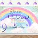 On Cloud 9 Birthday Decorations Backdrop 7x5ft Dreamy Rainbow Clouds Happy 9th Birthday Background for Girls We're On Cloud 9 Party Iridescent Nine Year Old Bday Cake Table Banner