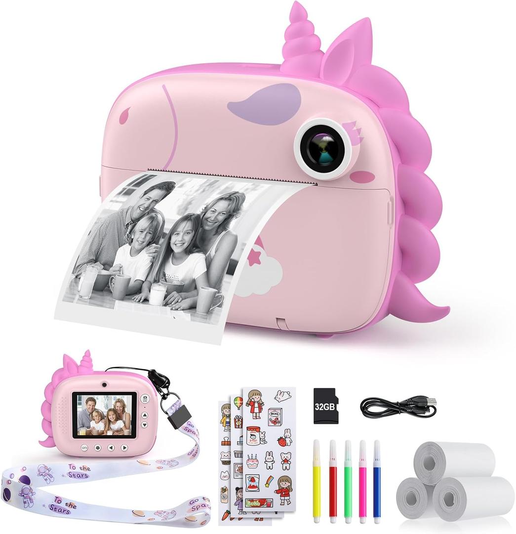 Kids Camera Instant Print, Selfie Digital Camara for Kids with Print Paper & 32G Card, 2.5K Video & Instant Print Camera with Color Pens for DIY, Fun Gift for Girls Boys 3-12 Years Old (Pink)