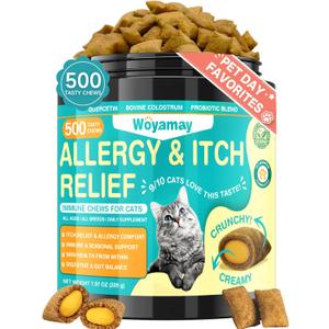 Woyamay Cat Allergy Relief for Cats, 500 Crunchy & Creamy Anti-Itch and Immunity Chews for Itchy Skin, Paws, Eyes, Ears| Stop Licking & Scratching, Supports Seasonal Itching, Chicken Flavor
