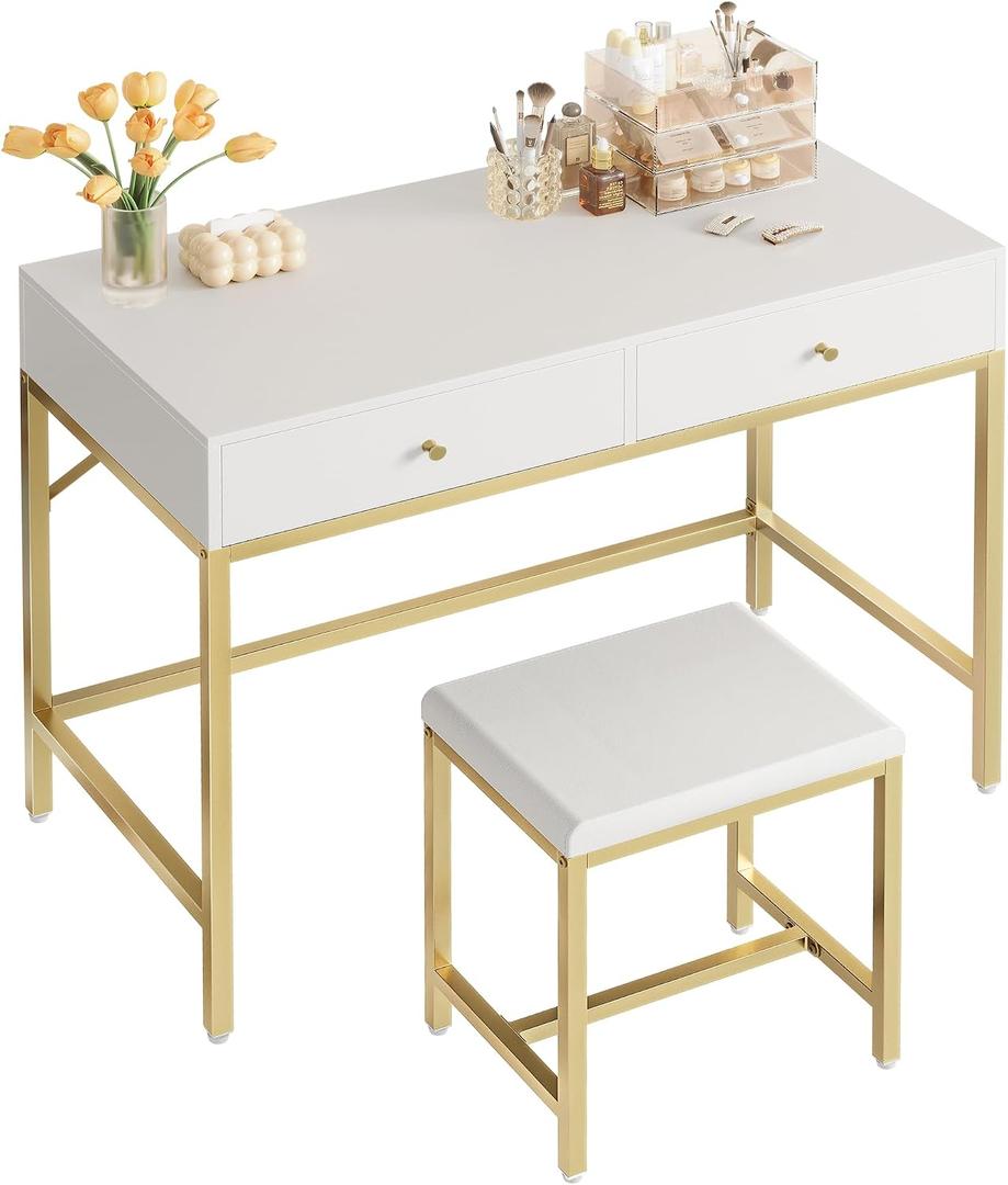 SUPERJARE 31.5" White and Gold Desk with 2 Drawers, Modern Makeup Vanity with Padded Stool, Small Computer Desk Home Office Desk for Writing Study Bedroom