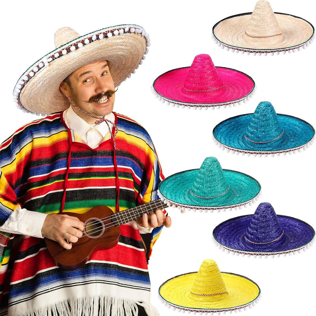 Mumufy 6 Pcs Cinco De Mayo Sombrero Hats Bulk,Mexican Sombrero Hats for Men and Women,Fiesta Cinco De Mayo Decorations Party Holiday Costume with 6 Colors,Adults Summer Outfit Accessories