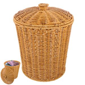 Angoily Portable Trash can with Lid 11.41X9.25X7.87In Rattan Storage Basket for Laundry Sundries Bedroom Bathroom Home Organization