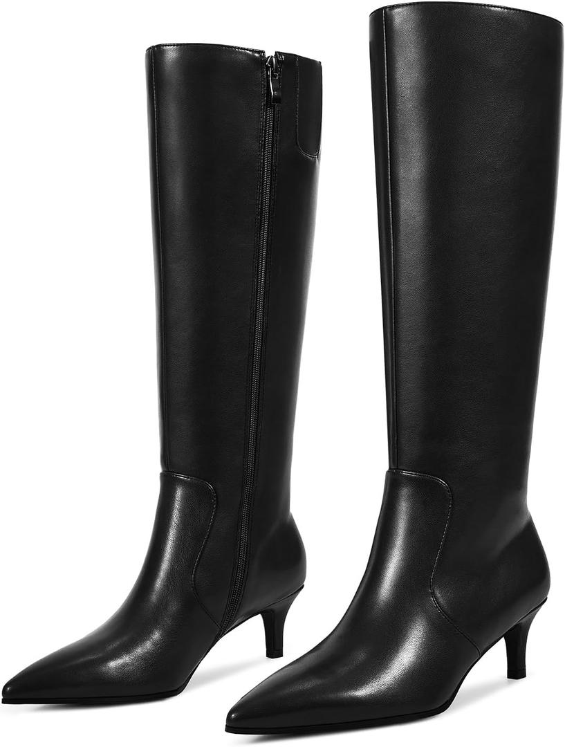 wetkiss Low Heel Knee High Boots for Women Regular Calf Friendly Side Zipper Almond Toe Faux Leather Comfortable Boots for Walking, Dancing, Standing for Long Periods With No Pain (7.5)
