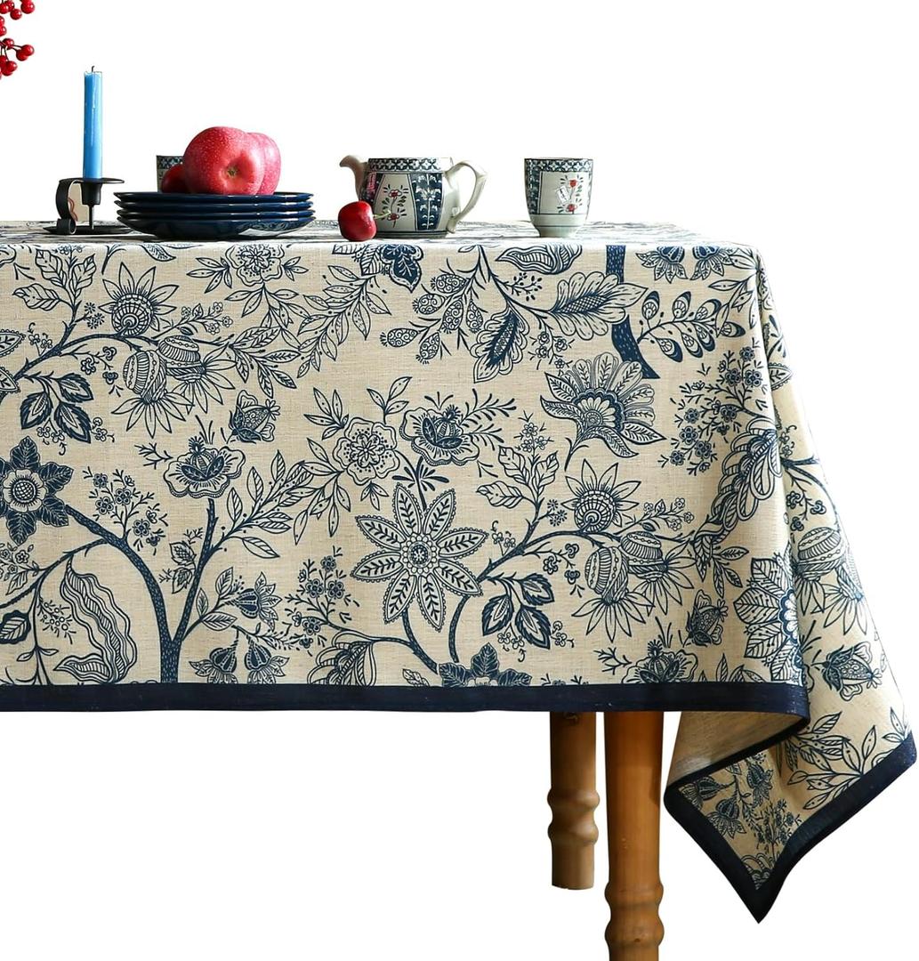 French Floral Tablecloth for Rectangle Tables,Linen Table Cloth with Blue Flowers Pattern,Heavy Durable Table Cover for Dining Kitchen Decor Party Banquet Christmas, 63"*102"