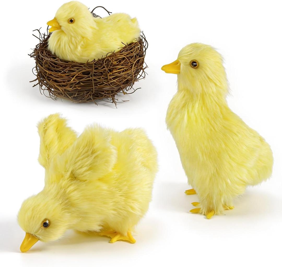 Stuffed Duck Plushies 4pcs,Realistic Plush Furry Yellow Baby Ducks Toy With Nest,Lifelike Animal Statue Duckling,Fake Duck Figurine,Easter For Spring Home Decors Gifts Decorations Photoshoot Props