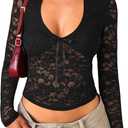 Womens Long Sleeve Going Out Tops Lace V Neck Mesh Crop Shirts Sexy Cute Y2K Fall Trendy Outfits 2026 (Small, Black)