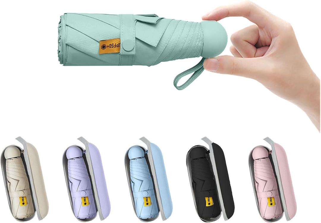 BAODINI Travel Mini Umbrella for Purse With Case Small Compact UV Sun Protection Sun Lightweight Tiny Pocket Umbrella for Women Kids and Men (1-Green)