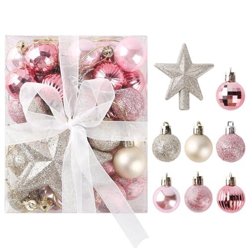 Small Christmas Tree Ornaments Set - Champagne and Pink Xmas Ball Ornaments Bulk for Mini Christmas Tree, Garland or Wreaths Decorations, Decorative Hanging Ornaments, 30ct, 1.18in/3cm