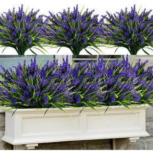 Geegoods 48 Bundles Artificial Plants Flowers Outdoor  Faux Lavender Flowers with Monkey Grass UV Resistant Plastic Faux Plants for Garden Porch Window Patio Hanging Planter Home Decor (Purple)