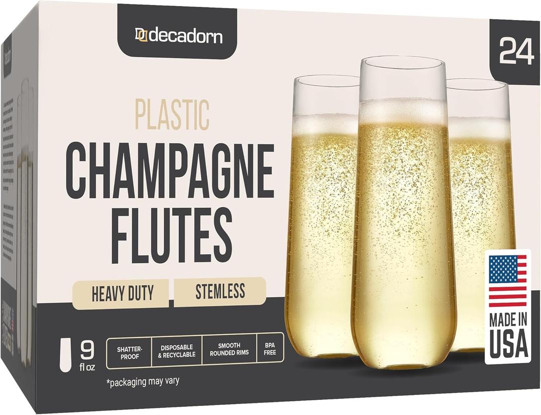 DECADORN Clear Stemless Champagne Flutes Plastic 24 Pack, Made in USA, 9oz Plastic Champagne Glasses - Durable and Sturdy Mimosa Glasses For Parties - Shatterproof, Recyclable, BPA-Free, Smooth Rims