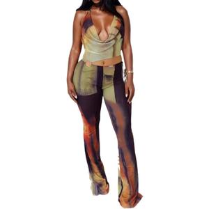 Geulis Sexy Jumpsuits for Women Mesh Halter Sleeveless Cut out Tie Dye Jumpsuit Party Clubwear (Large, 1-orange)