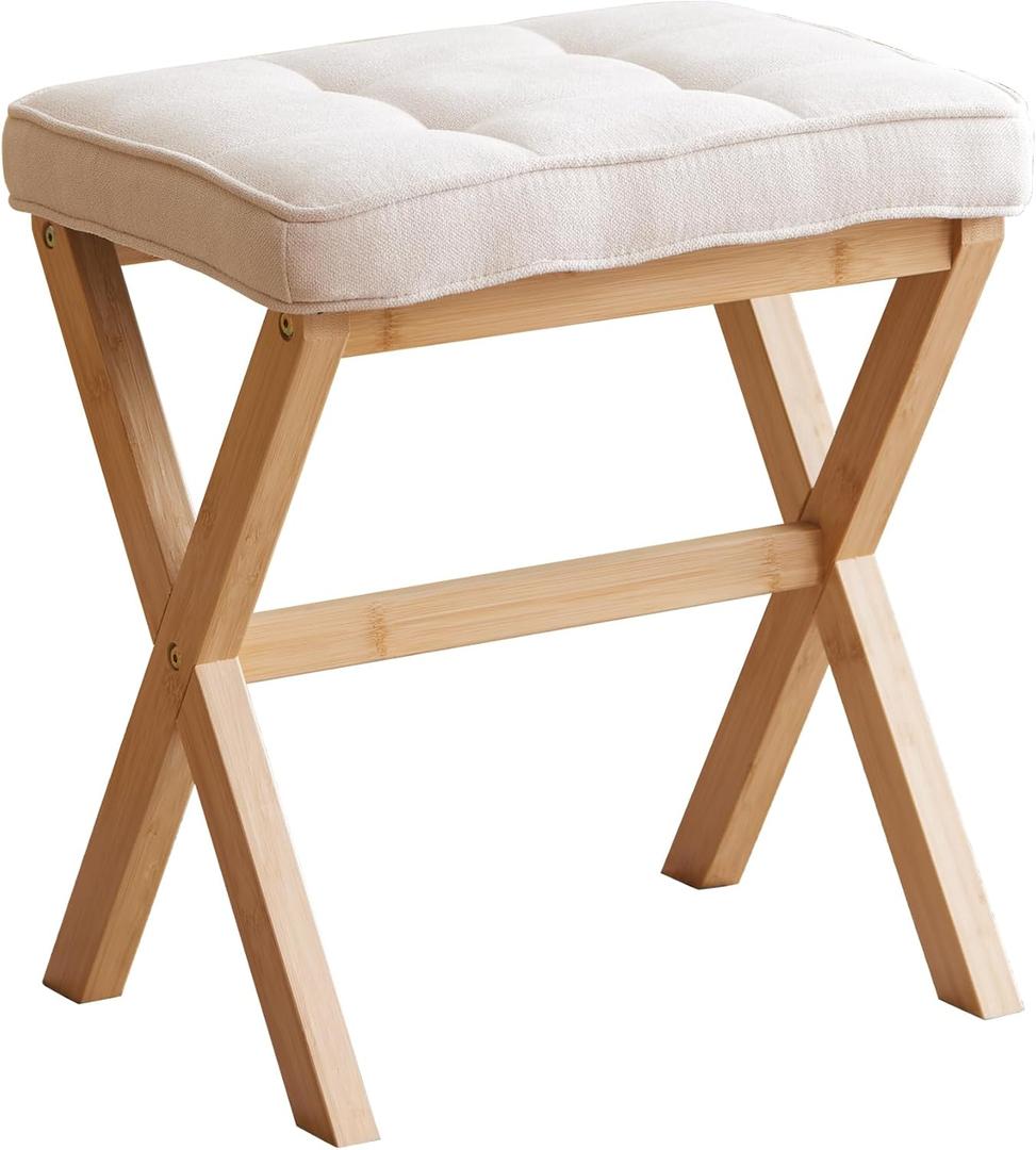 Foot Stool Small Ottoman Foot Rest Padded Foot Stool Desk for Under Office Desk Vanity Stool Bamboo Footstool Sofa Footrest Shoe Stool Small Foot Stools (Natural Legs + Beige)