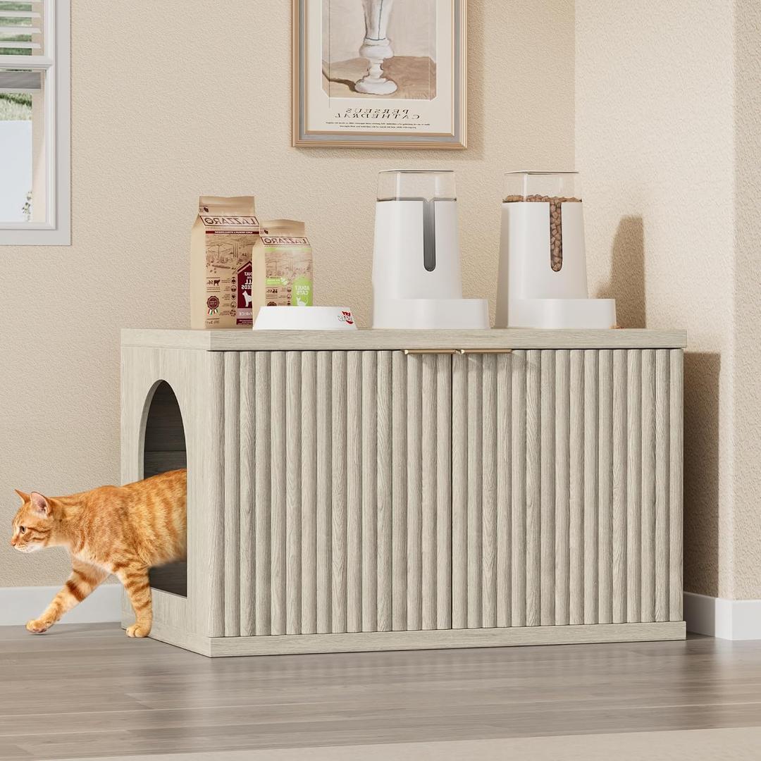 Homhedy Cat Litter Box Enclosure, Modern Fluted Accent Cat Washroom Furniture, Pet House, Fit Most of Litter Box,Cream Gray