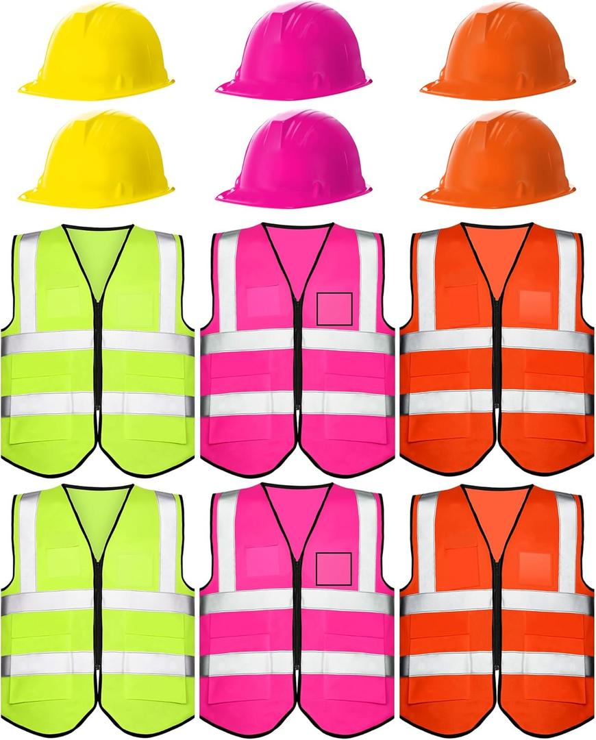 Construction Hard Hats and High Visibility Reflective Safety Vest Worker Costume for Neon Traffic Construction Party