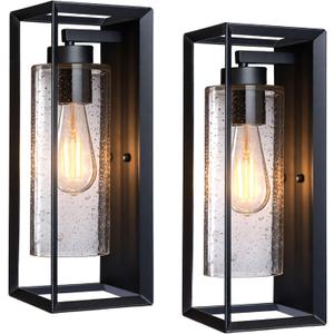 Outdoor Wall Light Fixture, 14 Inch Exterior Waterproof Wall Sconce with Clear Seeded Glass, E26 Base, Modern Matte Black, Front Door Porch & Garage Exterior Wall Lights, 2 Pack