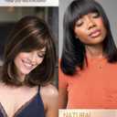 FANCEE Highlight Layered Wigs with Bangs 14 Inch Short Mixed Brown Glueless Ready-to-Go Straight Synthetic Bob Wigs for Women Realistic Scalp Daily Cosplay Use