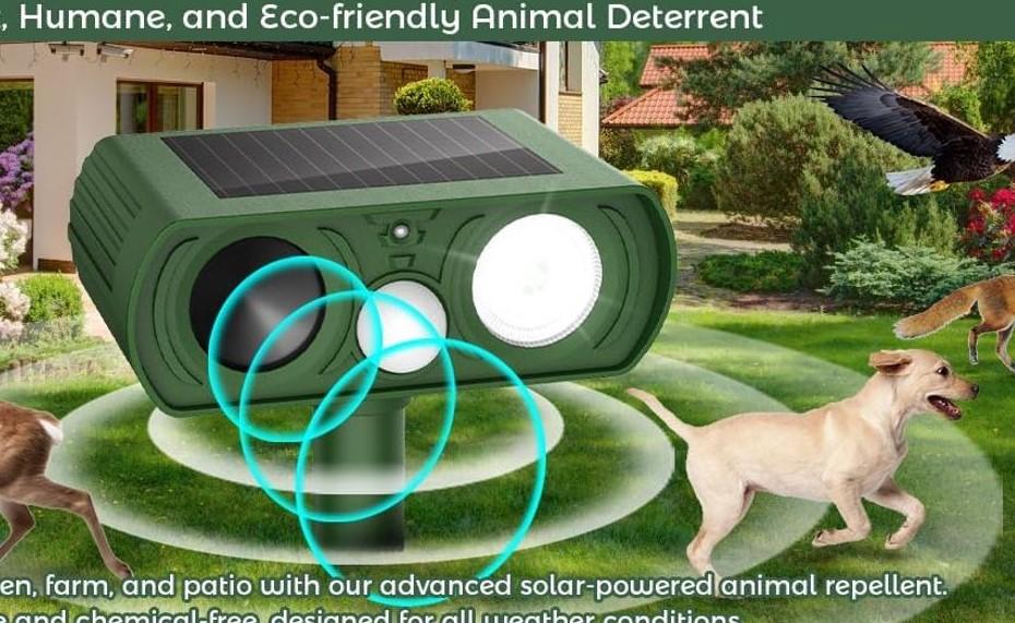 Upgraded Solar Ultrasonic Animal Repellent Outdoor, Deer Repellent Devices Motion Detection, Waterproof Cat Squirrel Skunk Raccoon Dog Chipmunk Deterrent with Flash Lights for Yard Farm Garden Patio